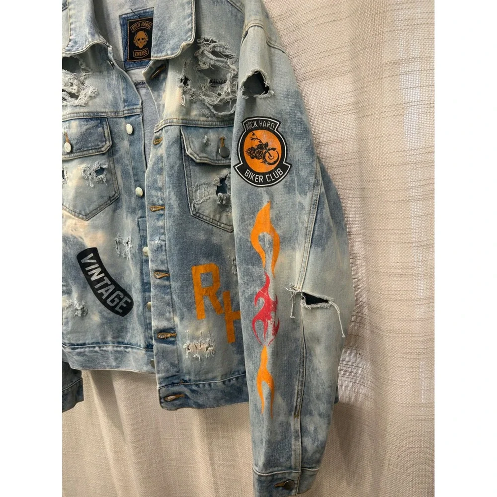 Rock Hard Vintage Custom Mens Large Vintage Jean Jacket Boutique Trucker Cotton